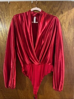 Red Satin Surplice Bodysuit - Unbranded